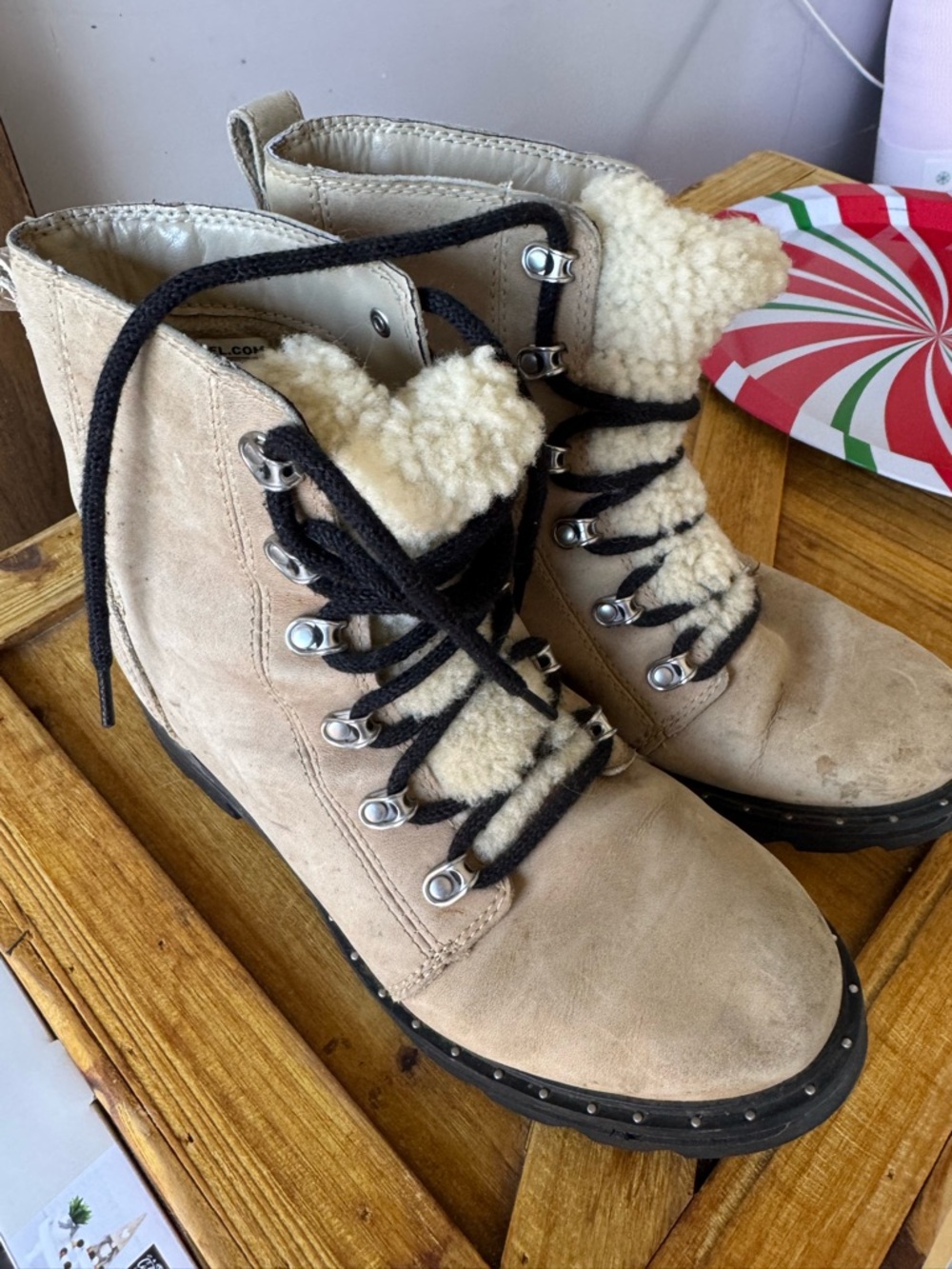 Sorel Women's Lace-Up Shearling Trim Boots in Cream